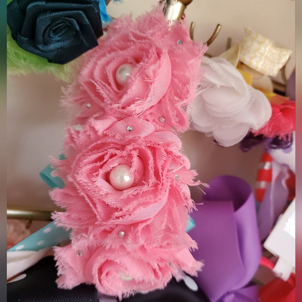Set Of 2 Hair Bows Pink Floral Headband with Pearls, Gray Headband Bow 6"